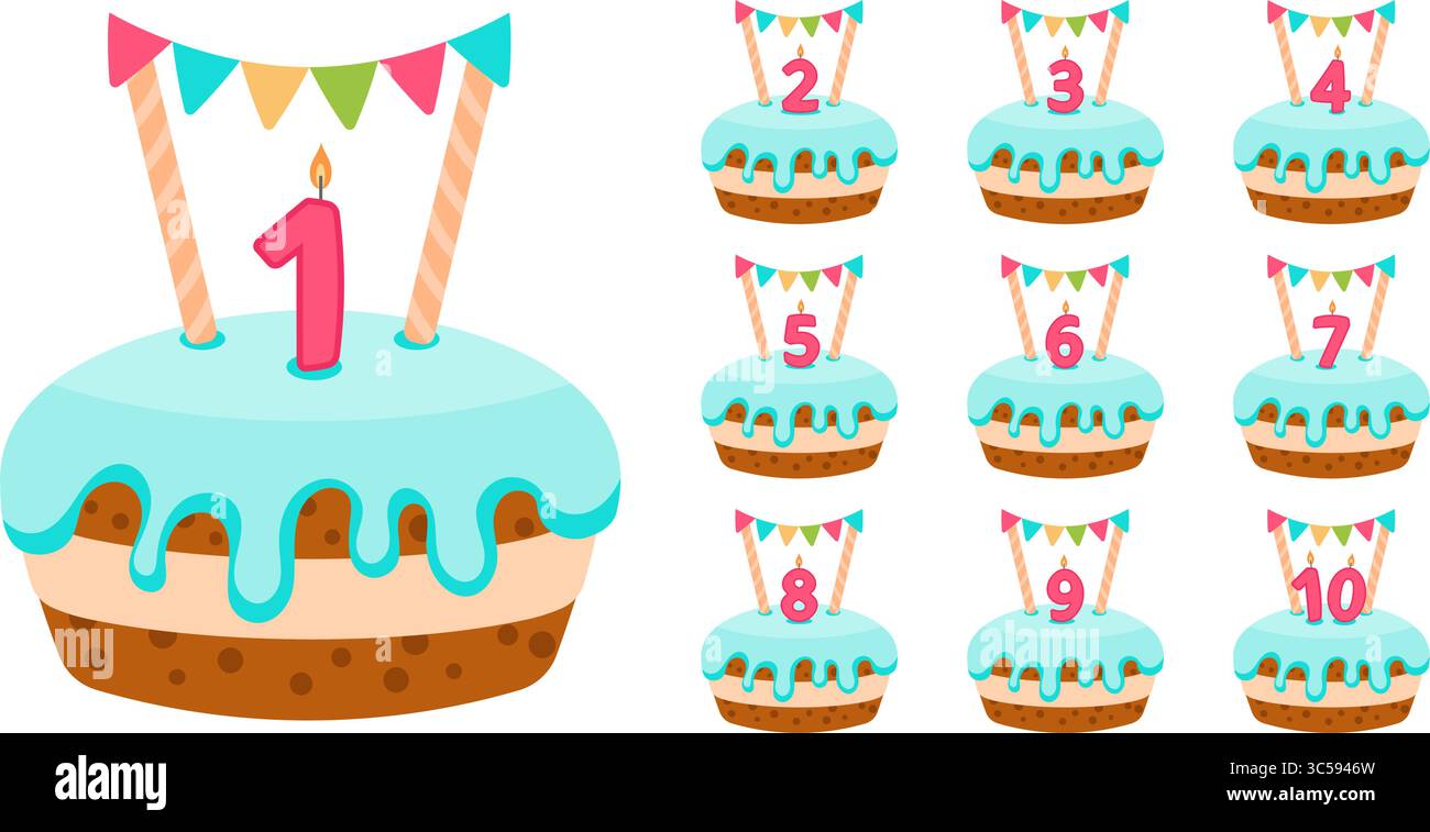 ensemble de cupcakes d'anniversaire avec des bougies colorées en forme de numéros 0 à 9, parfait pour les célébrations festives. Illustration de Vecteur
