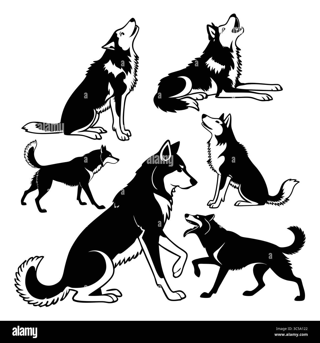 Ensemble de loups Alusky silhouettés dans diverses poses mettant en valeur leur élégance Illustration de Vecteur