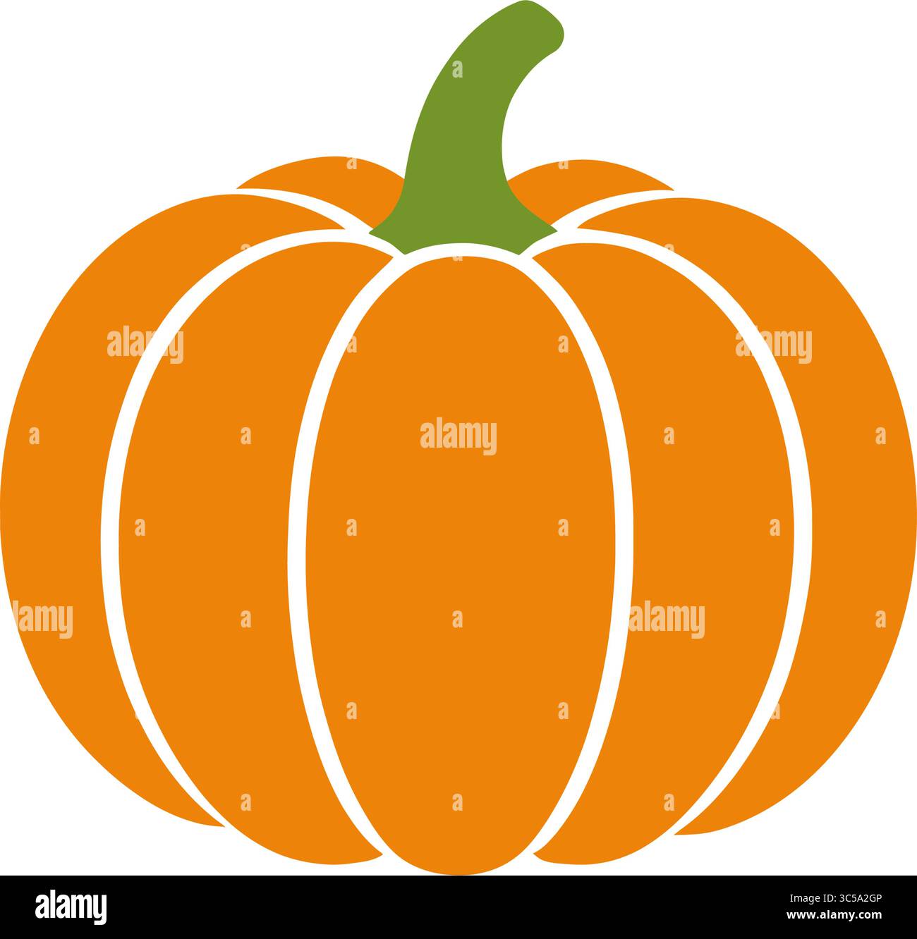 Une citrouille orange vif avec des lignes blanches indiquant ses segments et une courte tige verte sur fond blanc. Illustration de Vecteur