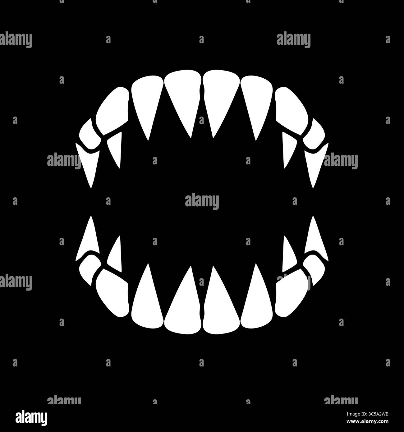 Une représentation graphique nette de dents blanches et pointues, dénudées dans une bouche ouverte sur un fond noir solide, suggérant une entité prédatrice ou monstrueuse. Illustration de Vecteur