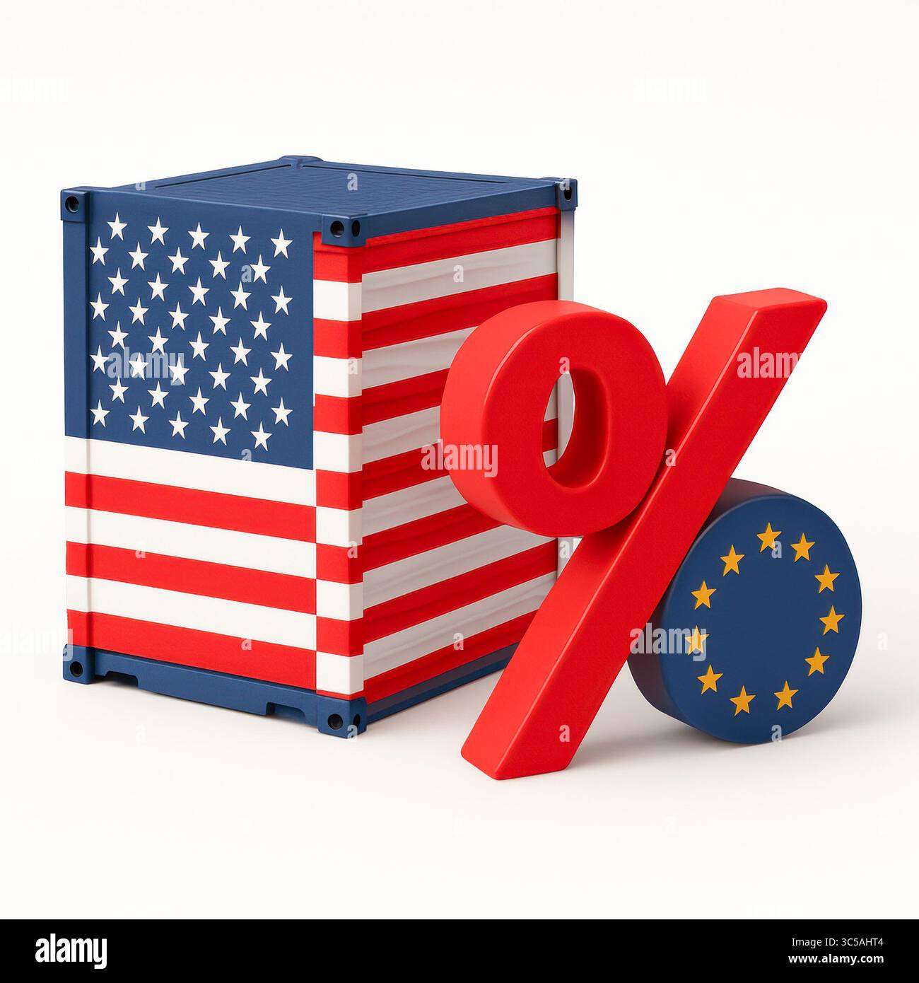 Les droits de douane imposés par les États-Unis sur les marchandises internationales créent des tensions dans les relations commerciales avec l’Europe, affectant les prix, les exportations et l’économie mondiale. Negot Banque D'Images