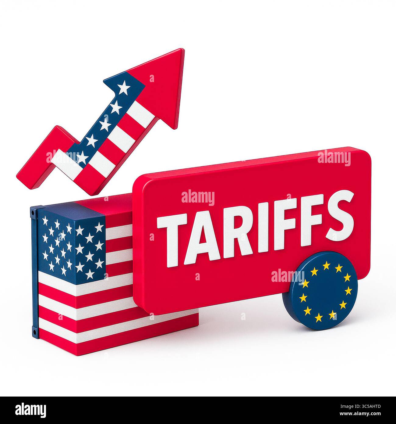 Les tarifs douaniers américains sur les marchandises internationales créent des tensions dans les relations commerciales avec l'Europe, affectant les prix, l'inflation et les négociations qui influencent le gl Banque D'Images