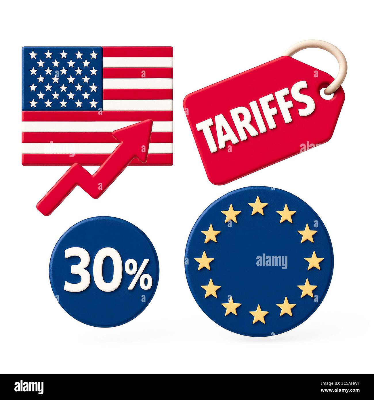 Les tensions commerciales augmentent lorsque les droits de douane américains imposent des droits de douane de 30 % sur les marchandises européennes, affectant les prix et l'inflation, et incitant à des négociations internationales Banque D'Images