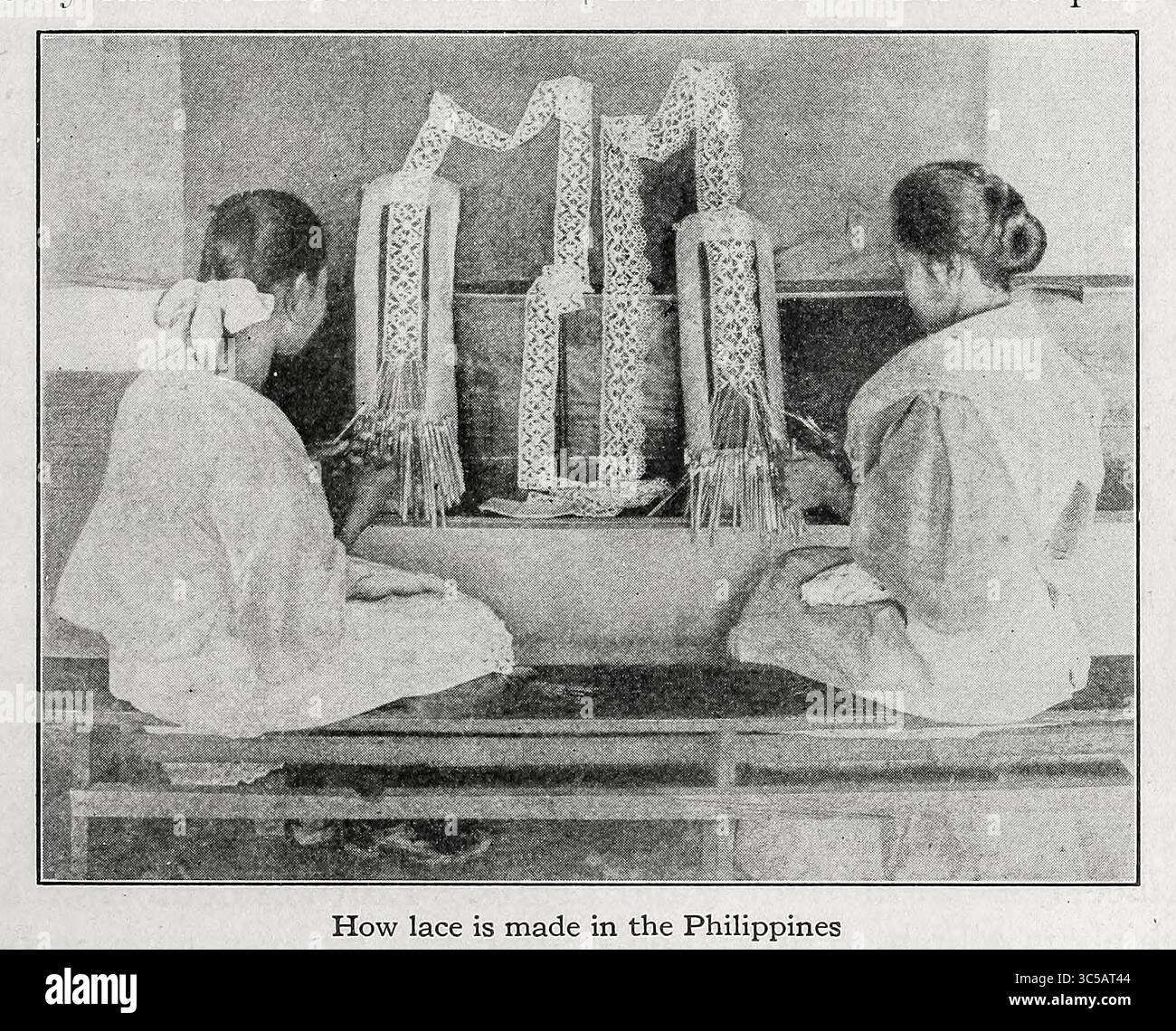 Comment la dentelle est faite aux Philippines à partir du livre The Clothes We Wear de la série The Journey Club Travels de Carpenter, Frank G. (Frank George), 1855-1924 publié New York, Cincinnati : American Book Company 1926 dans ce livre, le Journey Club voyage pour voir par eux-mêmes comment leurs vêtements sont produits. Banque D'Images