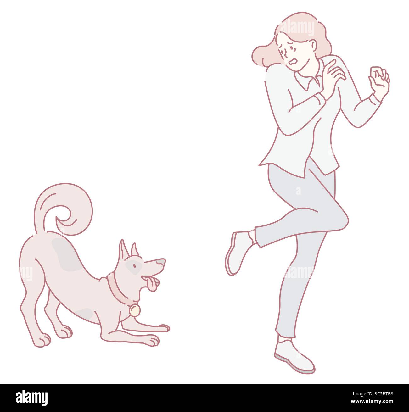 Une femme court joyeusement aux côtés de son chien enjoué dans une scène extérieure vibrante et animée pleine d'énergie Illustration de Vecteur