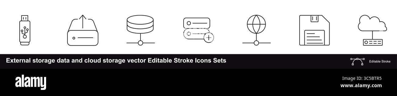 Ensembles d'icônes de contour modifiables pour les données de stockage externe et le vecteur de stockage cloud Illustration de Vecteur