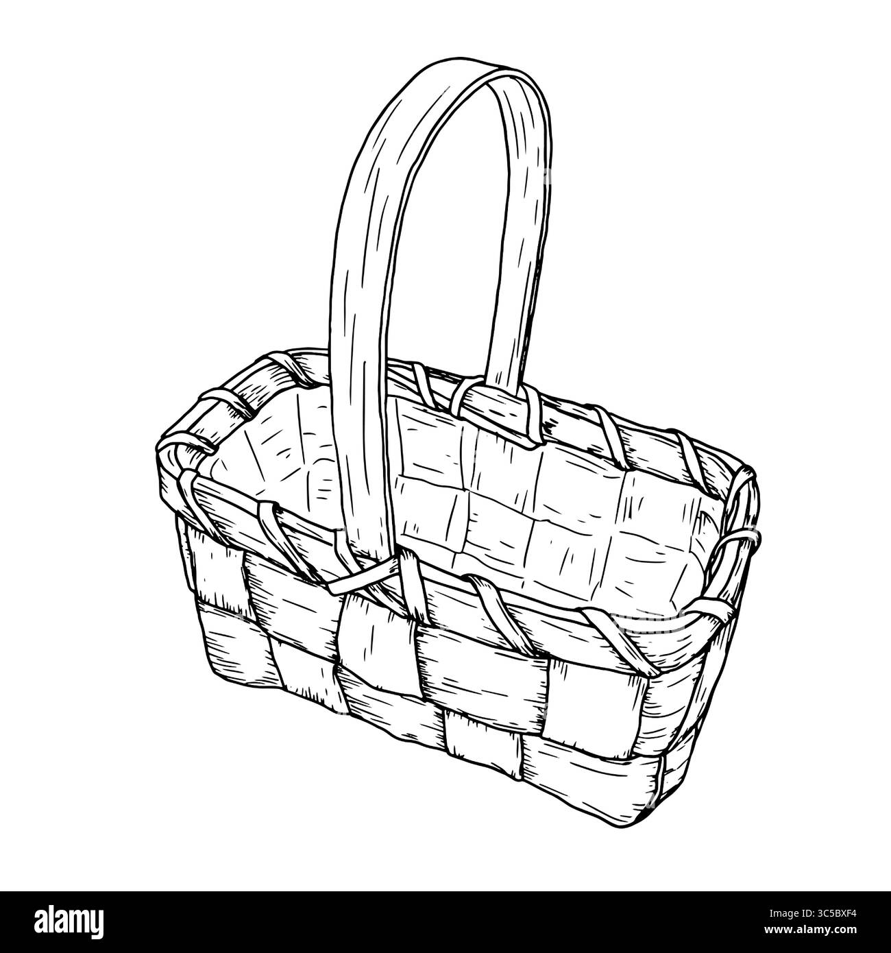 Panier en osier fait de vignes avec une poignée, croquis noir et blanc. Illustration vectorielle. Le panier classique pour la cueillette des champignons et la récolte d'automne est Illustration de Vecteur