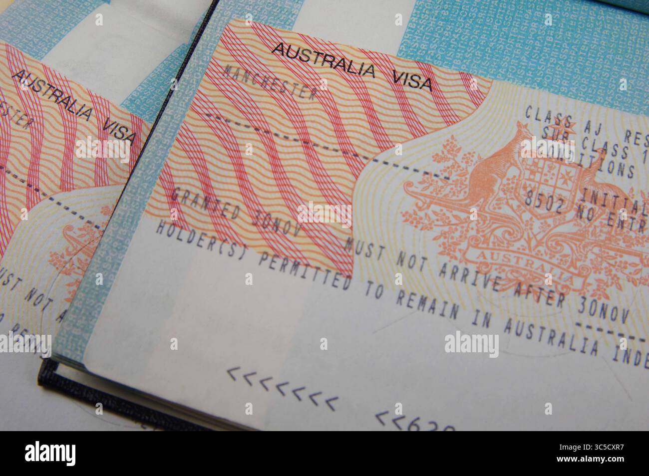 deux visas de résident australien dans deux passeports ouverts, visas australiens, visa australien Banque D'Images