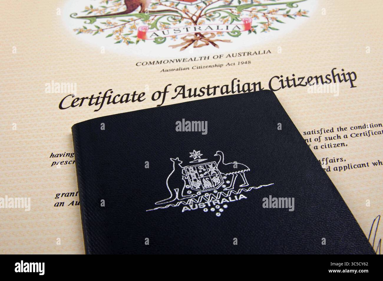 passeport australien et certificat de citoyenneté vue rapprochée Banque D'Images