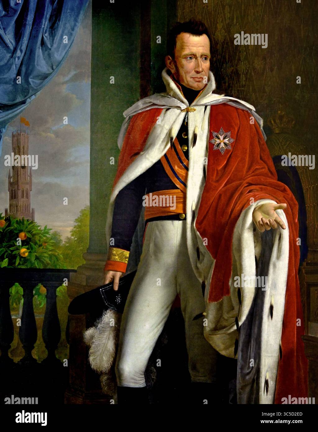 Roi Guillaume Ier 1820 de Jozef Ducq, peinture dans l'hôtel de ville gothique de Bruges (Stadhuis), belge, flamand. Guillaume Ier (Willem Frederik ; 24 août 1772 – 12 décembre 1843) était roi des pays-Bas et grand-duc de Luxembourg de 1815 jusqu'à son abdication en 1840. Banque D'Images
