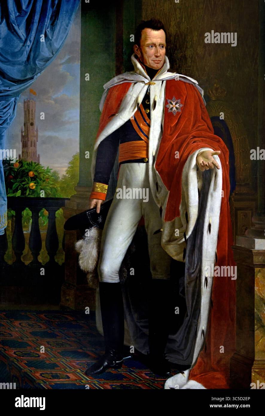 Roi Guillaume Ier 1820 de Jozef Ducq, peinture dans l'hôtel de ville gothique de Bruges (Stadhuis), belge, flamand. Guillaume Ier (Willem Frederik ; 24 août 1772 – 12 décembre 1843) était roi des pays-Bas et grand-duc de Luxembourg de 1815 jusqu'à son abdication en 1840. Banque D'Images