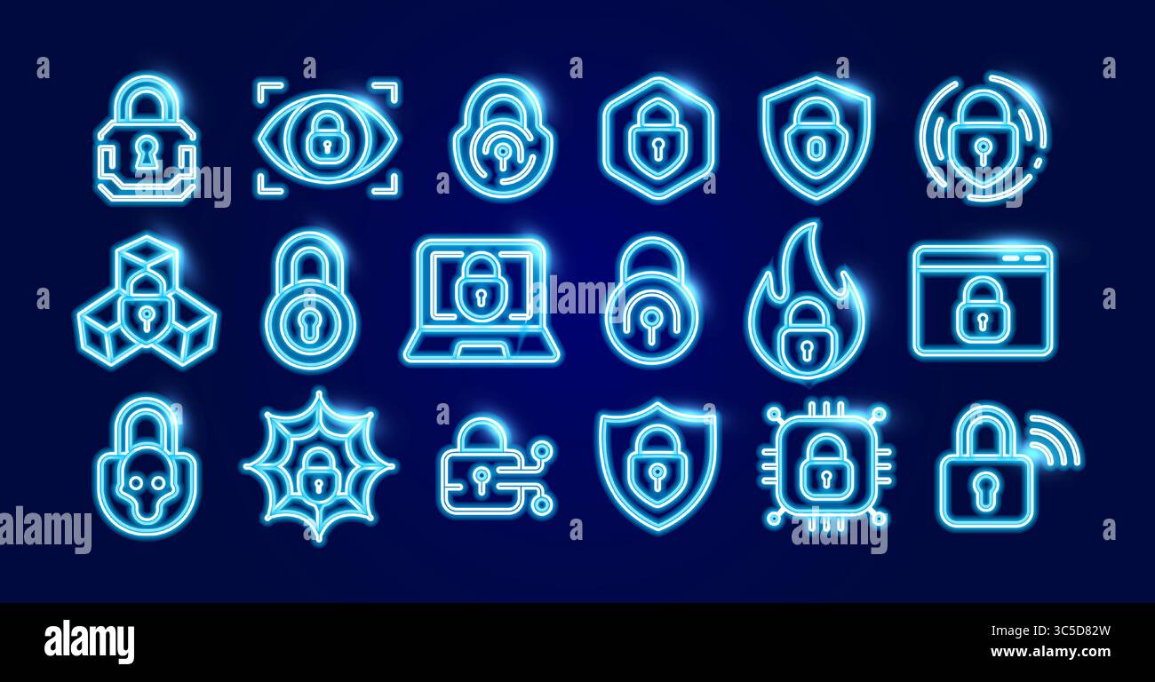 Icônes de cybersécurité au néon lumineux montrant cadenas boucliers navigateur, alerte de virus de puce d'ordinateur portable. Protection numérique pare-feu confidentialité antivirus Illustration de Vecteur