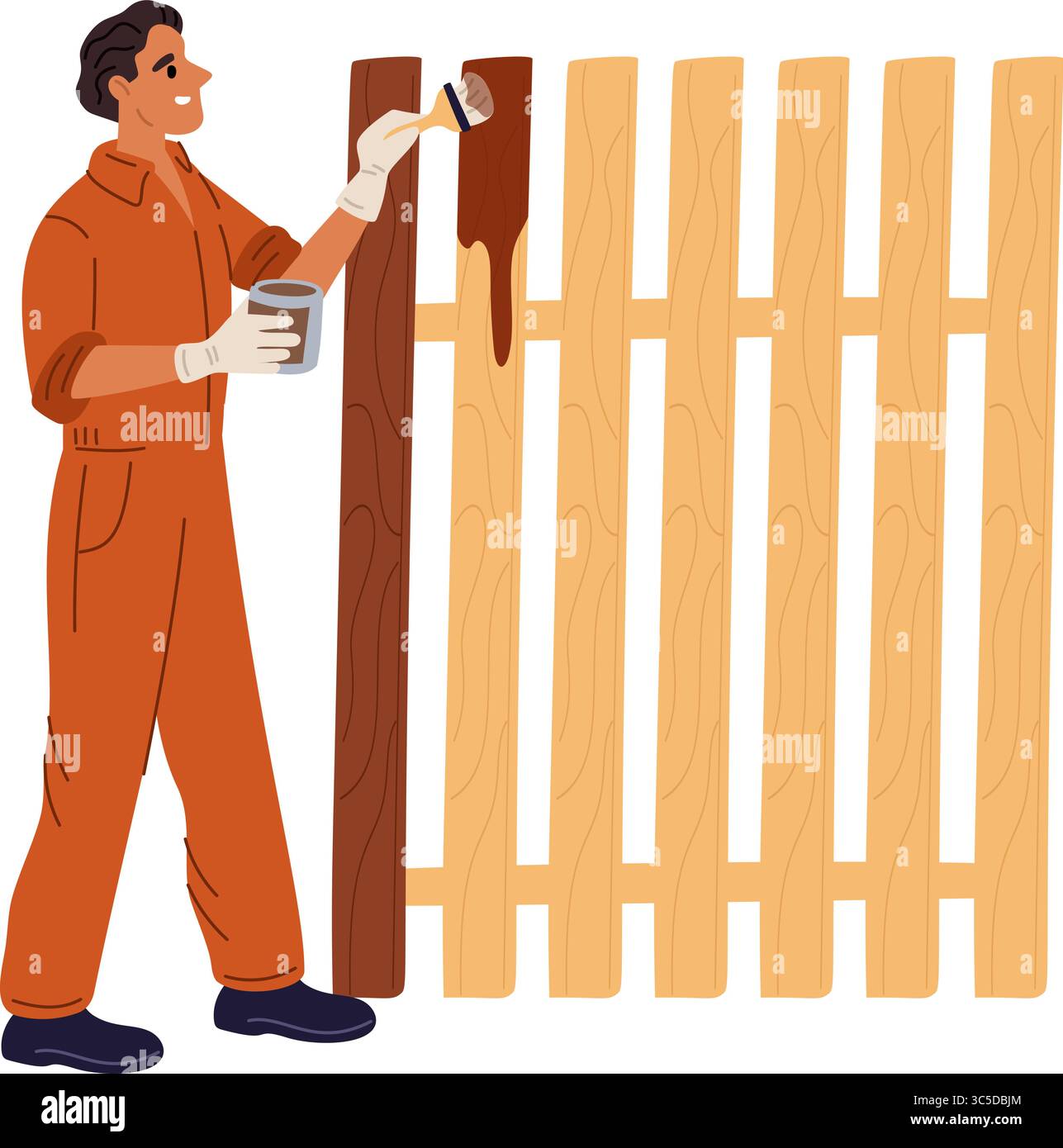 Un employé masculin peint une clôture en bois. Housse de protection pour clôture. Travaux de construction. Homme peignant l'enceinte avec pinceau. Réparation de garde-corps en planches de jardin. Verge R Illustration de Vecteur