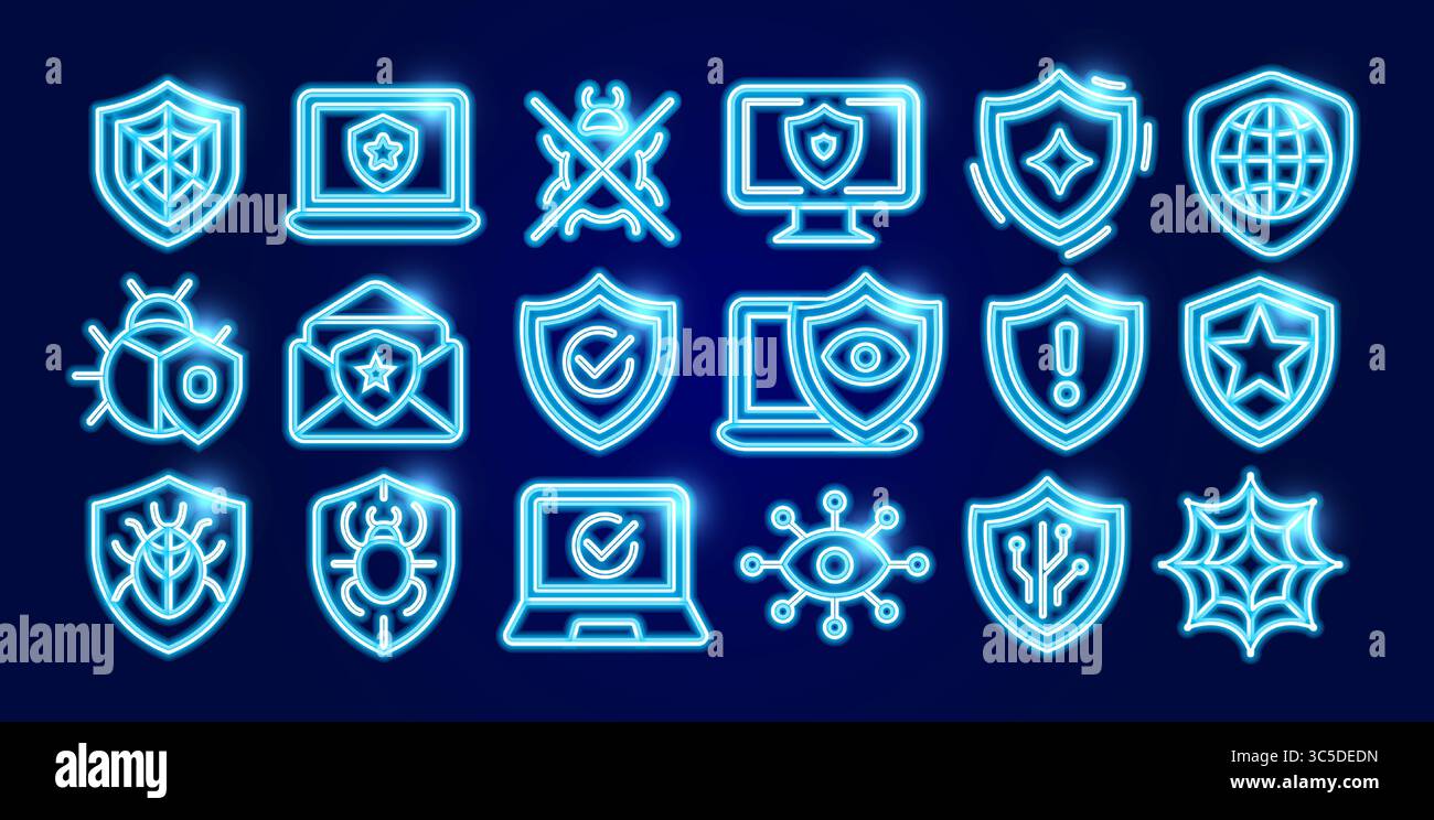Icône de néon antivirus cybersécurité avec bugs, boucliers, ordinateurs portables, protection de la vie privée. Parfait pour la conception d'interface utilisateur, les logiciels, la conception graphique de sécurité INFORMATIQUE Illustration de Vecteur