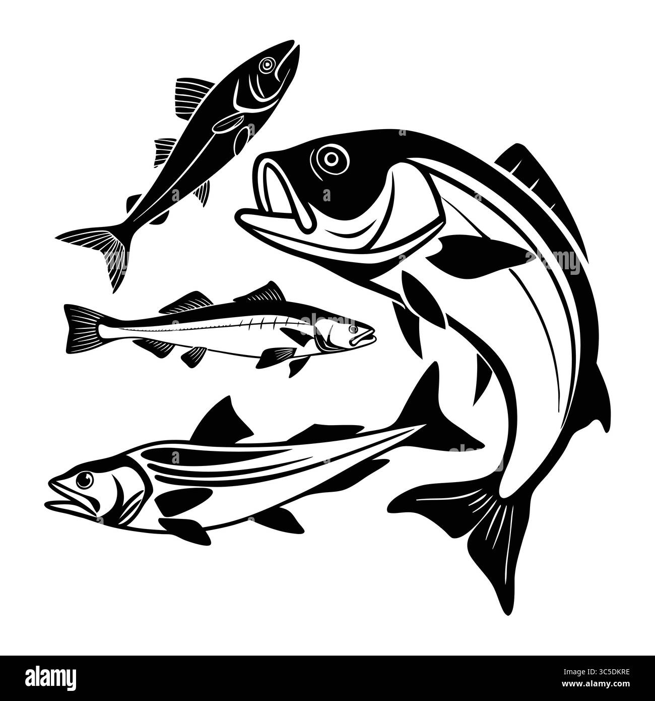 Noir et blanc Alaskan Pollock Fish illustration mettant en vedette plusieurs espèces de la vie marine Illustration de Vecteur
