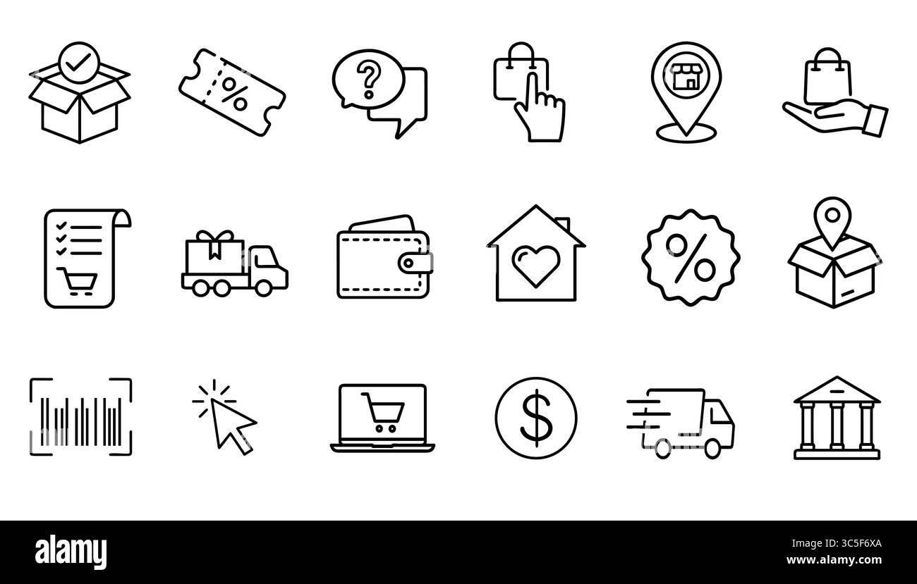 Jeu d'icônes d'achat en ligne. Les pictogrammes e-commerce représentent les ventes au détail numériques. Promotion marketing logistique de la boutique d'applications de site Web. Dessin au trait minimaliste s Banque D'Images