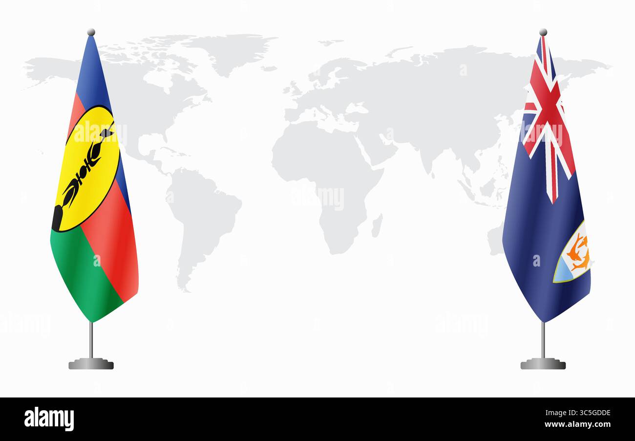 Drapeaux de la Nouvelle-Calédonie et d'Anguilla pour la réunion officielle sur fond de carte du monde. Illustration de Vecteur