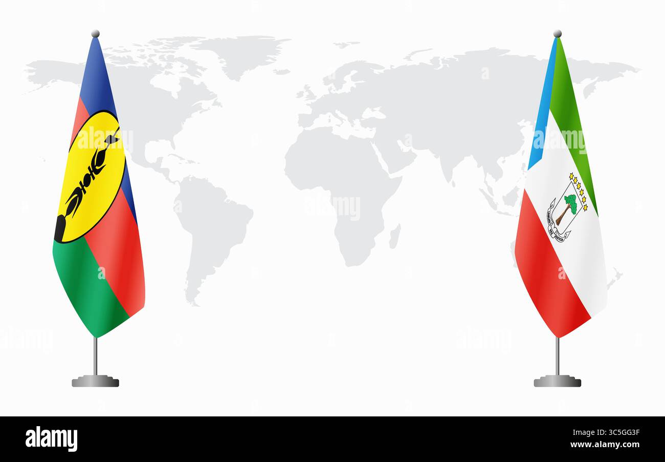 Drapeaux de la Nouvelle-Calédonie et de la Guinée équatoriale pour la réunion officielle sur fond de carte du monde. Illustration de Vecteur