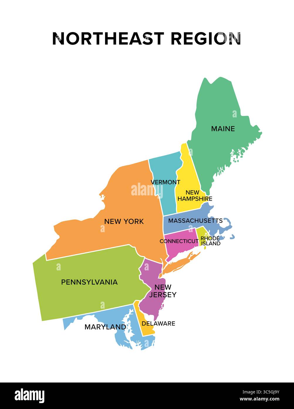 Région nord-est des États-Unis, carte multicolore. Aussi connu comme le Nord-est, la côte est, ou le Nord-est américain. Région géographique. Banque D'Images