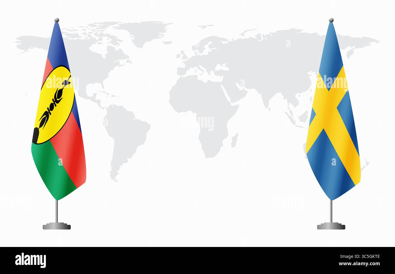 Drapeaux de la Nouvelle-Calédonie et de la Suède pour la réunion officielle sur fond de carte du monde. Illustration de Vecteur