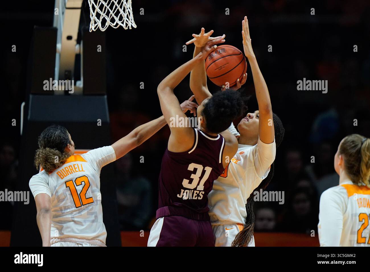 16 février 2020 : Tamari Key #20 et Rae Burrell #12 des Tennessee Lady vols défendent contre N'dea Jones #31 des Texas A&M Aggies lors du match de basket-ball de la NCAA entre les bénévoles de l'Université du Tennessee Lady et les Texas A&M University Aggies à Thompson Boling Arena à Knoxville TN Tim Gangloff/CSM(crédit image : © ; Tim Gangloff/CSM via ZUMA Wire) Banque D'Images