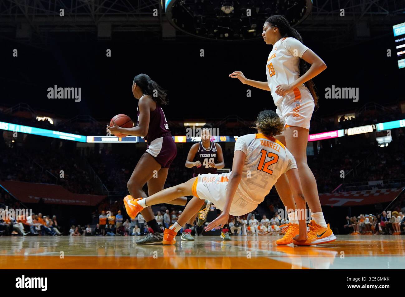 16 février 2020 : Rae Burrell #12 des Tennessee Lady vols prend la charge de Kayla Wells #11 des Texas A&M Aggies lors du match de basket-ball de la NCAA entre les bénévoles de l'Université du Tennessee Lady et les Texas A&M University Aggies à Thompson Boling Arena à Knoxville TN Tim Gangloff/CSM(crédit image : © ; Tim Gangloff/CSM via ZUMA Wire) Banque D'Images