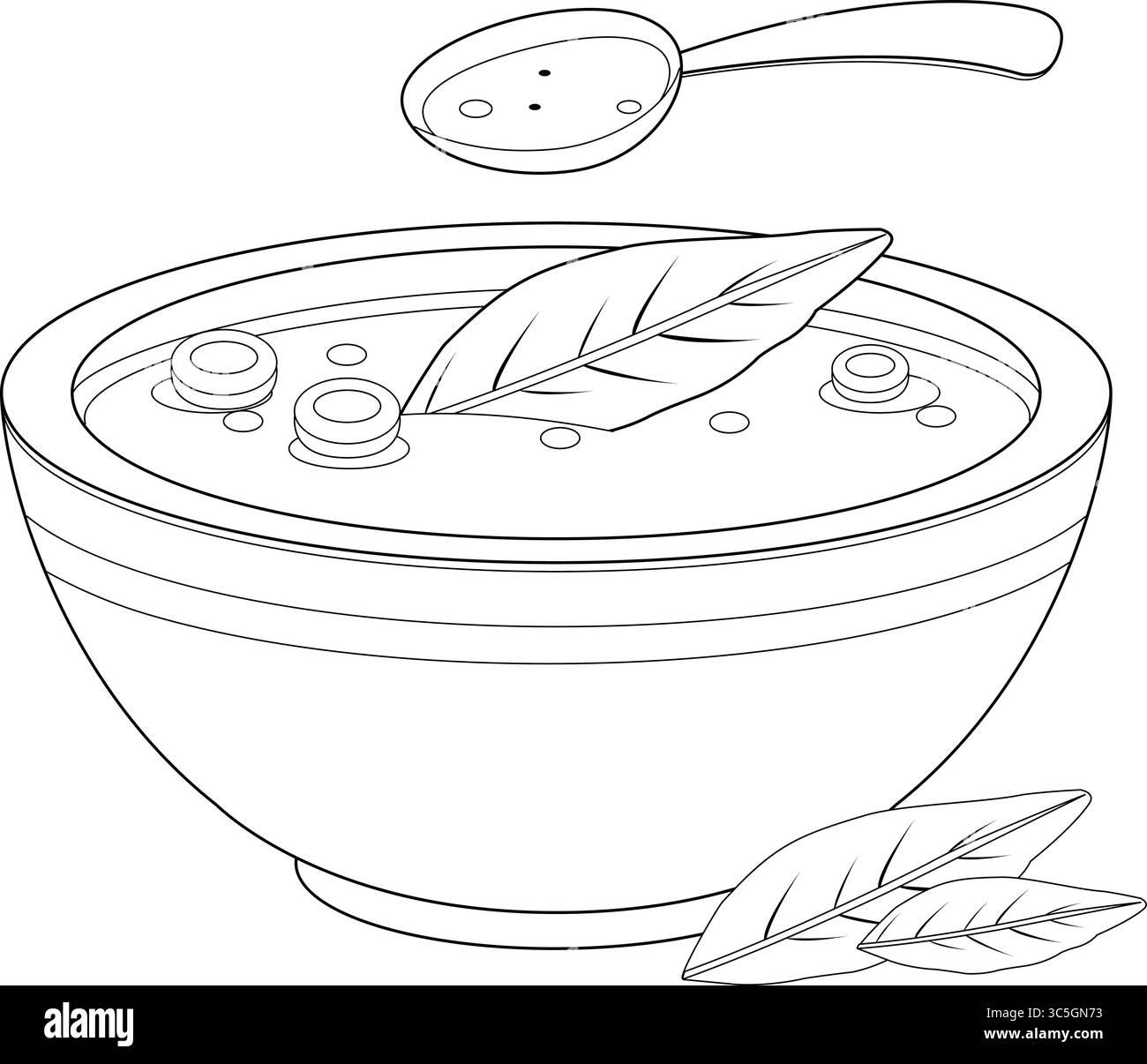 Bol de soupe. Soupe de légumineuses maison avec légumes, soupe de carottes et lentilles avec cuillère. Page de coloriage noir et blanc vectoriel. Illustration de Vecteur