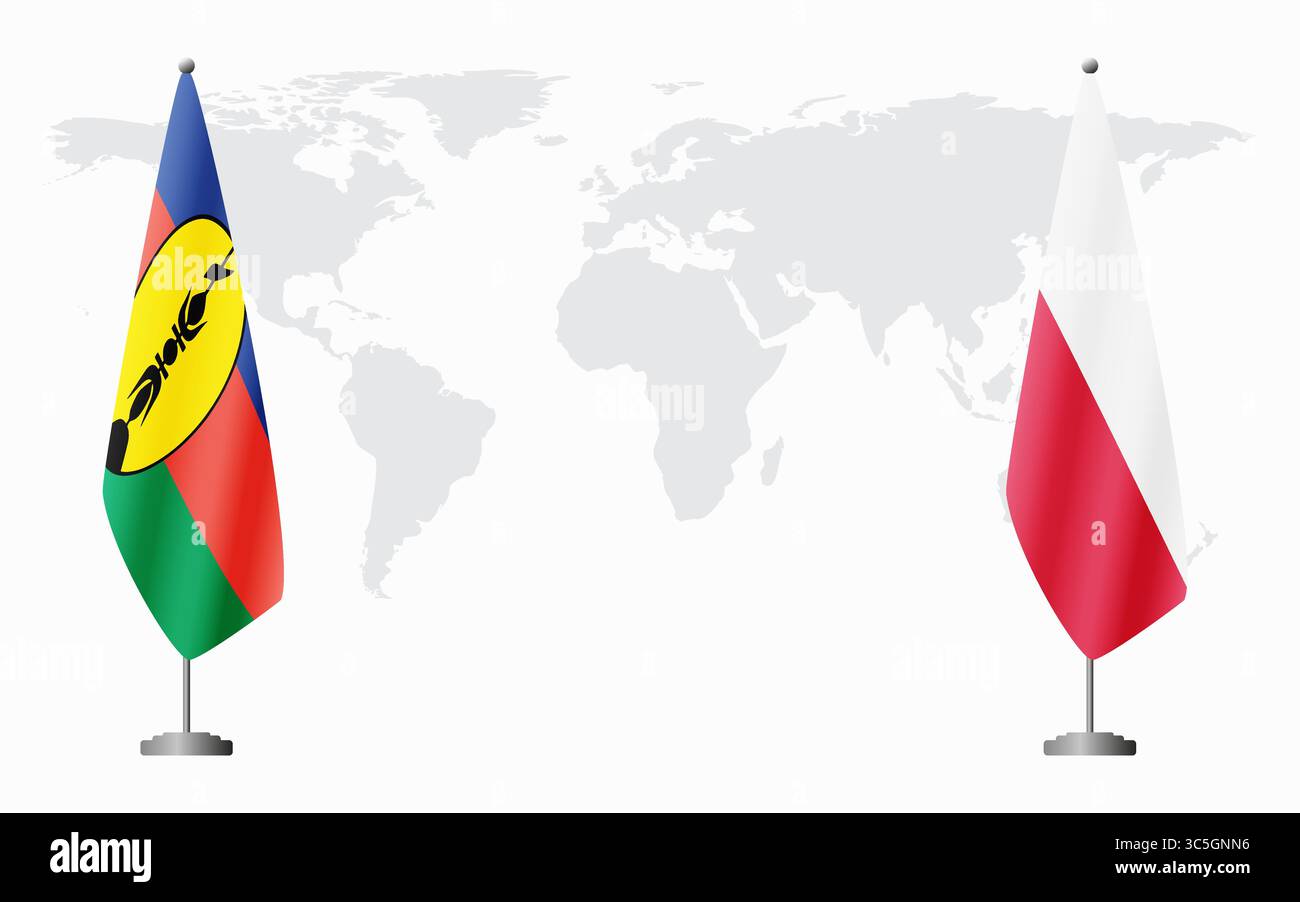 La Nouvelle-Calédonie et la Pologne drapeaux pour la réunion officielle sur fond de carte du monde. Illustration de Vecteur