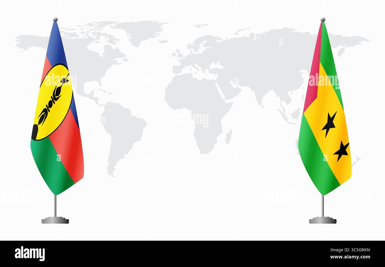 La Nouvelle-Calédonie et Sao Tomé-et-principe drapeaux pour la réunion officielle sur fond de carte du monde. Illustration de Vecteur