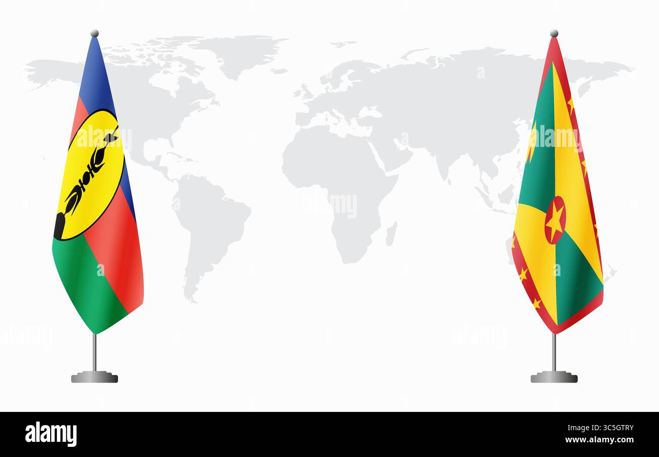 Drapeaux de la Nouvelle-Calédonie et de la Grenade pour la réunion officielle sur fond de carte du monde. Illustration de Vecteur