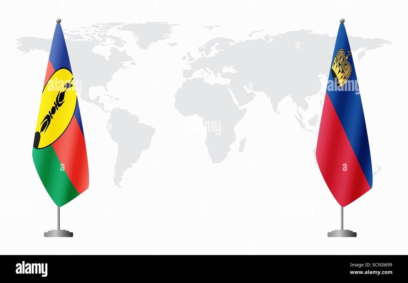 Drapeaux de la Nouvelle-Calédonie et du Liechtenstein pour la réunion officielle sur fond de carte du monde. Illustration de Vecteur