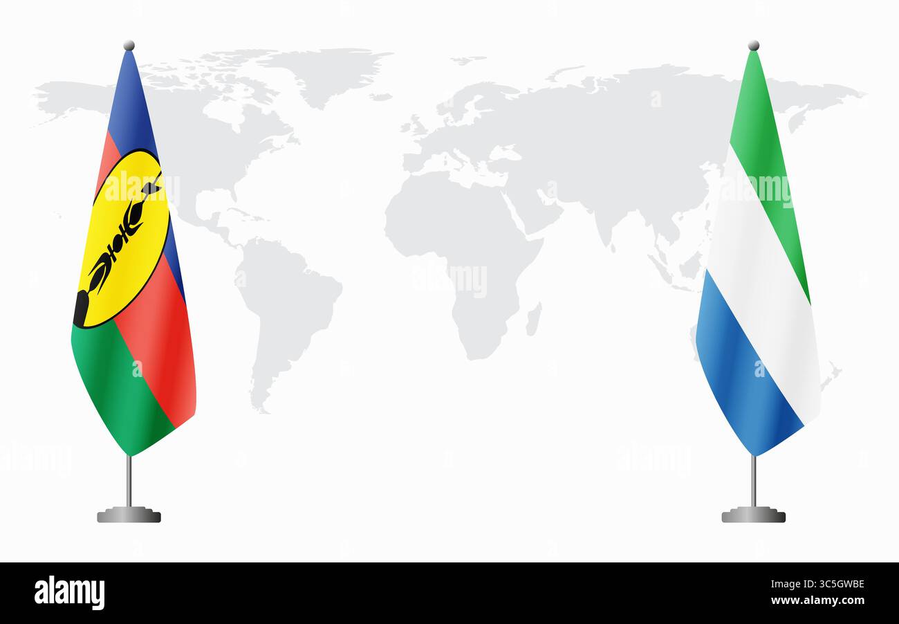 Drapeaux de la Nouvelle-Calédonie et de la Sierra Leone pour la réunion officielle sur fond de carte du monde. Illustration de Vecteur