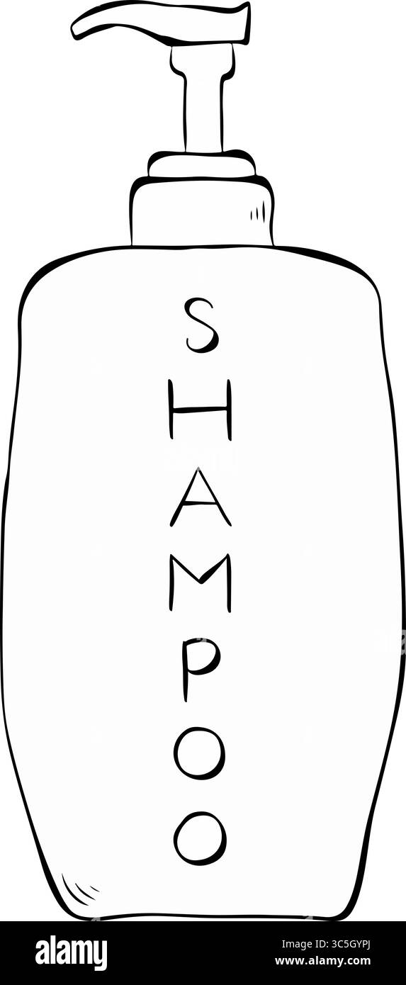 Composition de shampooing pour bouteille à pompe en plastique pour salon. Illustration vectorielle d'encre de ligne graphique. Bouteille avec distributeur parfait pour cartes, décorations, autocollants, l Illustration de Vecteur