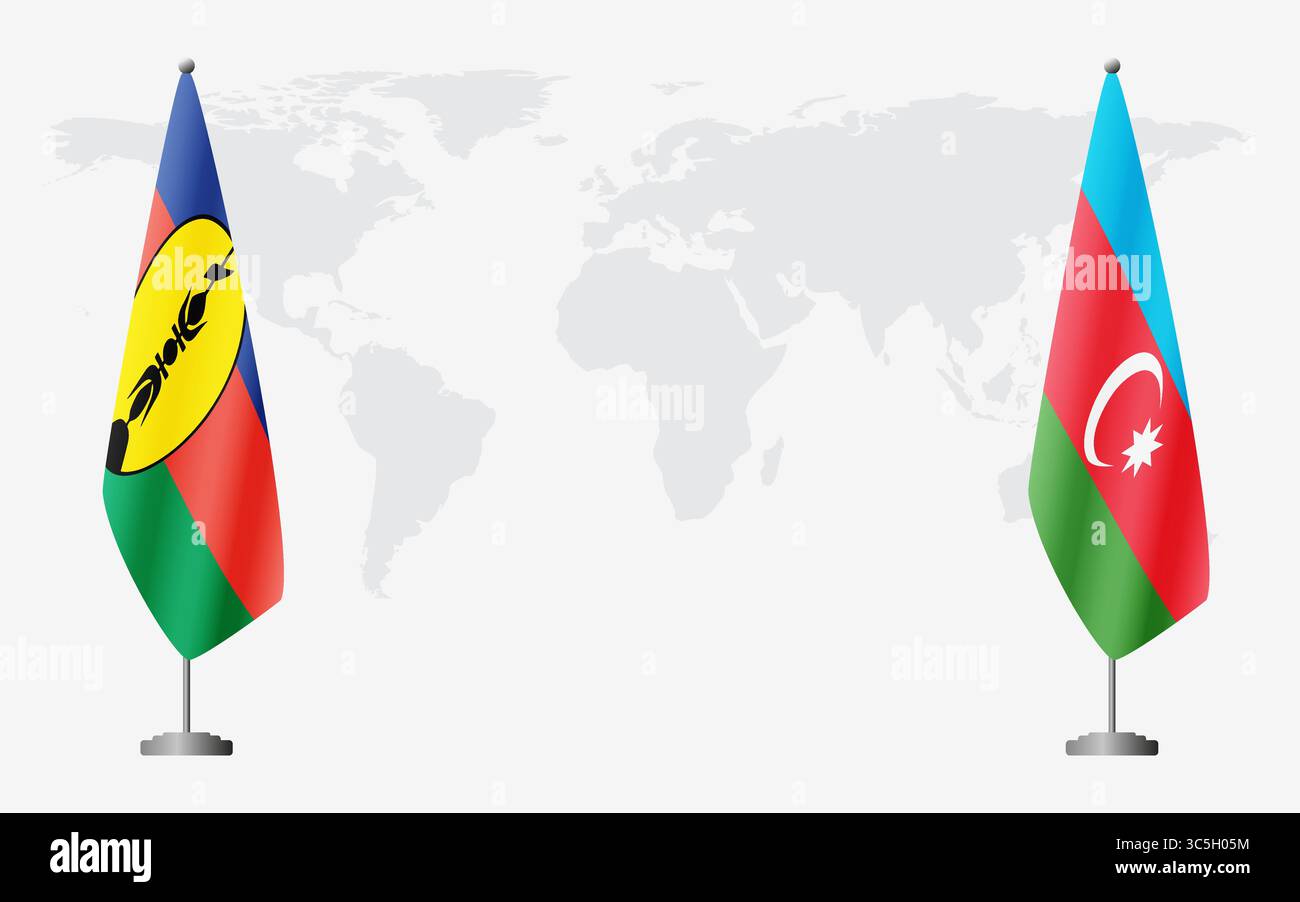 Drapeaux de la Nouvelle-Calédonie et de l'Azerbaïdjan pour la réunion officielle sur fond de carte du monde. Illustration de Vecteur