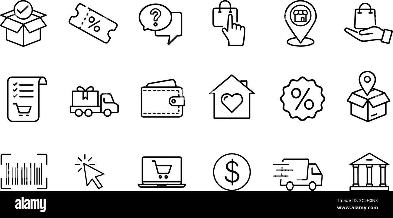 Jeu d'icônes d'achat en ligne. Les pictogrammes e-commerce représentent les ventes au détail numériques. Promotion marketing logistique de la boutique d'applications de site Web. Dessin au trait minimaliste s Illustration de Vecteur