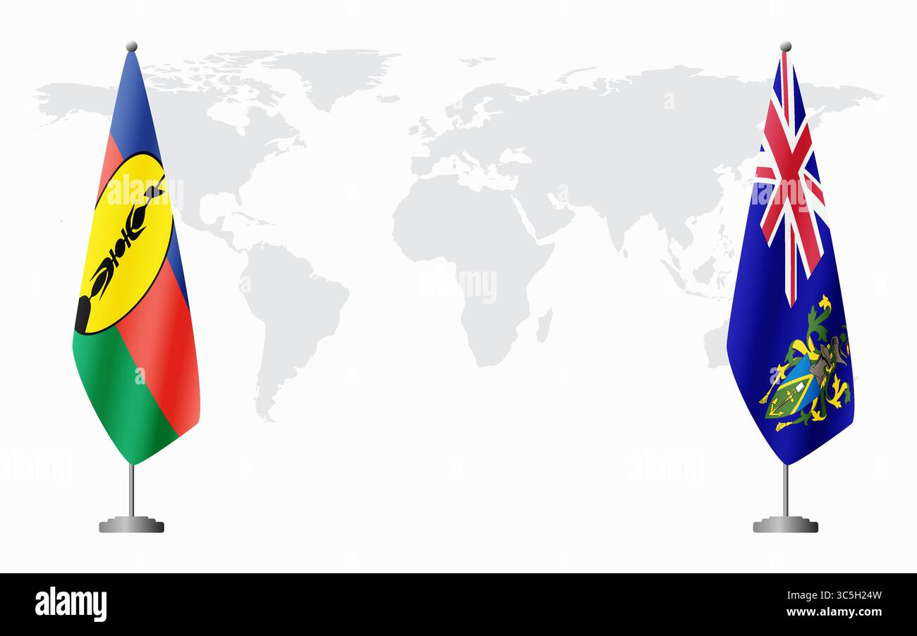 Drapeaux de la Nouvelle-Calédonie et des îles Pitcairn pour la réunion officielle sur fond de carte du monde. Illustration de Vecteur