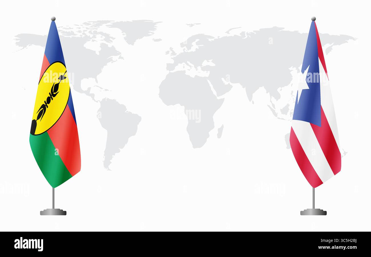 Drapeaux de la Nouvelle-Calédonie et de Porto Rico pour la réunion officielle sur fond de carte du monde. Illustration de Vecteur