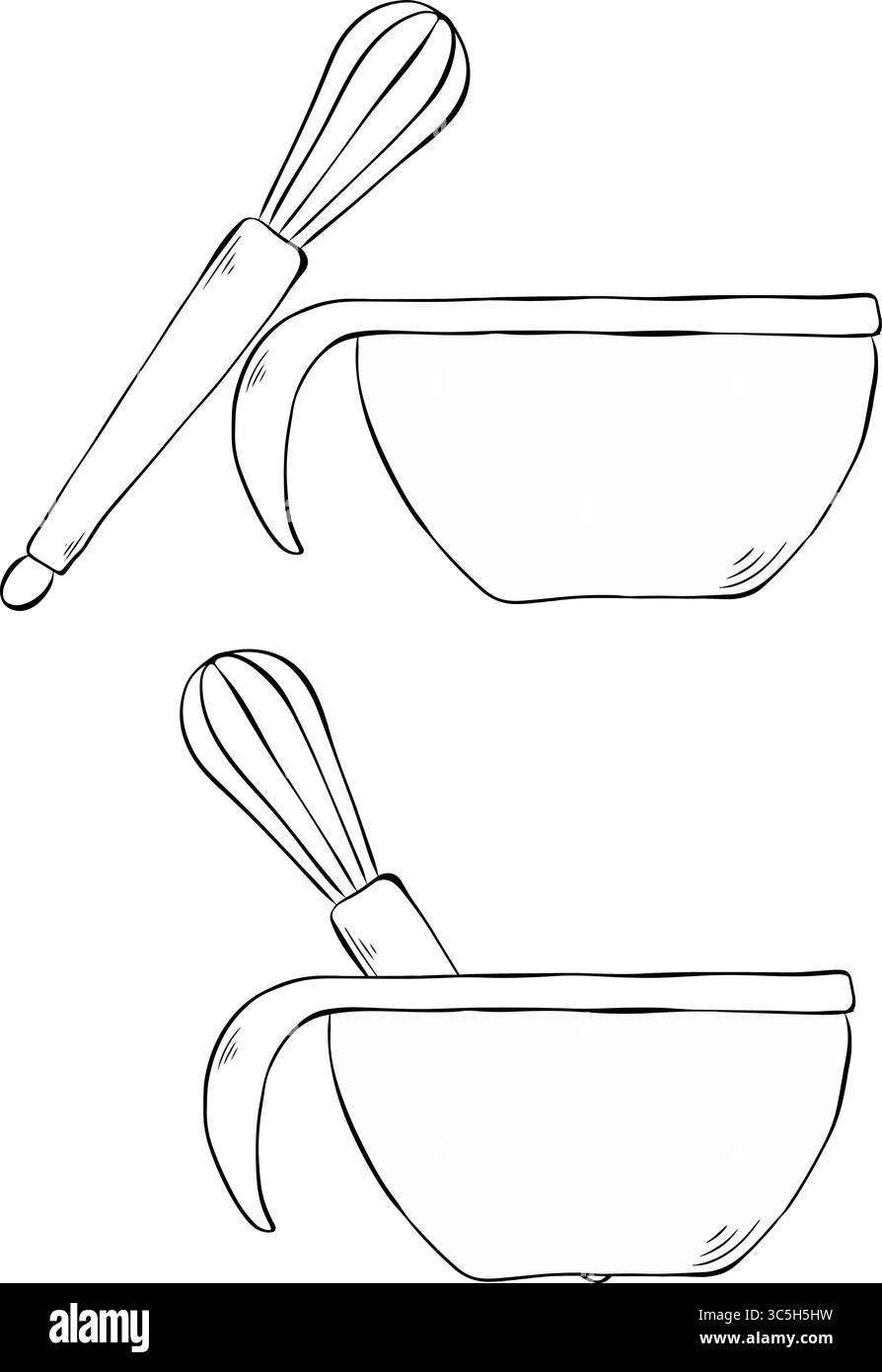 Composition pour salon de coloration capillaire à fouet métallique et bol. Illustration vectorielle d'encre de ligne graphique. Logo sur fond blanc bannière, affiche, papier d'emballage, St Illustration de Vecteur