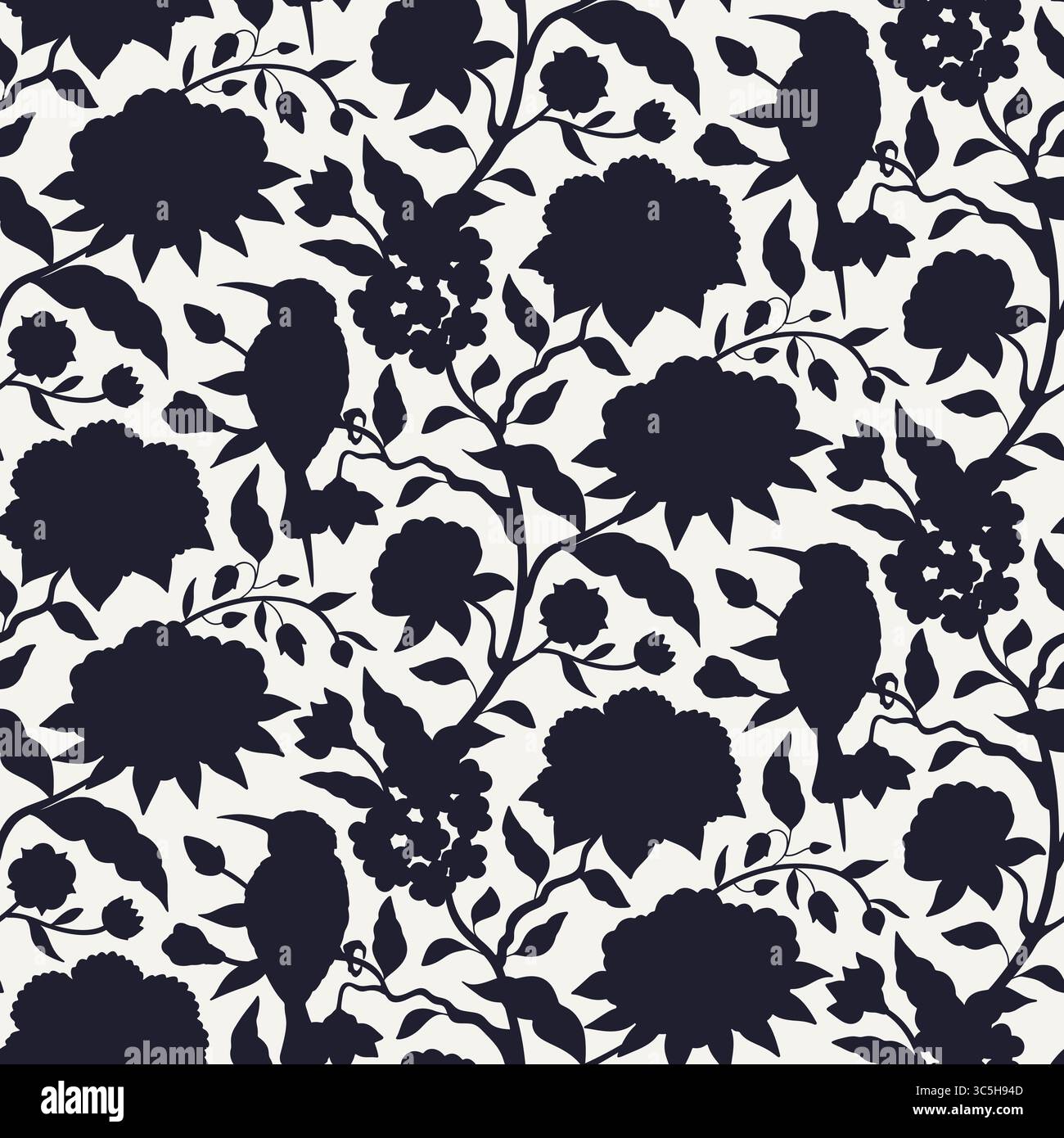 Modèle sans couture avec chinoiserie monochrome noir et blanc fleurs dessinées à la main et silhouettes d'oiseaux. Papier peint floral avec style chinois à la traîne Illustration de Vecteur