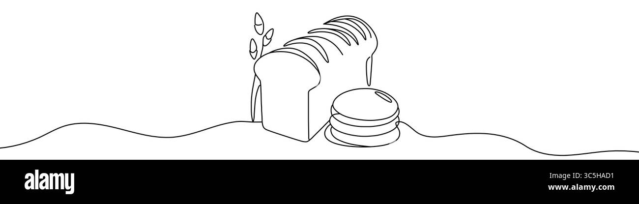 Pain noir et crêpes avec des oreilles de blé dans un style artistique simple ligne. Dessin minimaliste éditable sur fond blanc. Illustration vectorielle. Illustration de Vecteur