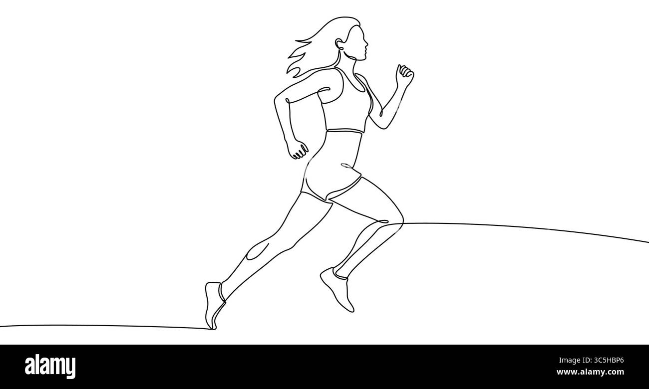 Femme courant dans des vêtements de sport dans un style artistique à une ligne. Dessin de femme avec trait noir modifiable sur fond blanc. Illustration vectorielle. Illustration de Vecteur