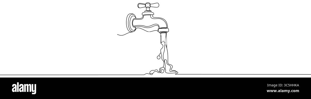 Robinet d'eau noire avec de l'eau qui coule dans un style artistique à une ligne. Appuyez sur dessin avec contour modifiable sur fond blanc. Illustration de Vecteur