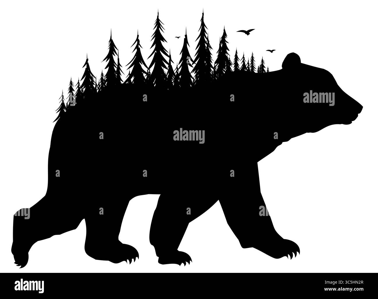 Silhouette d'un ours sauvage avec forêt et oiseau. Illustration de Vecteur
