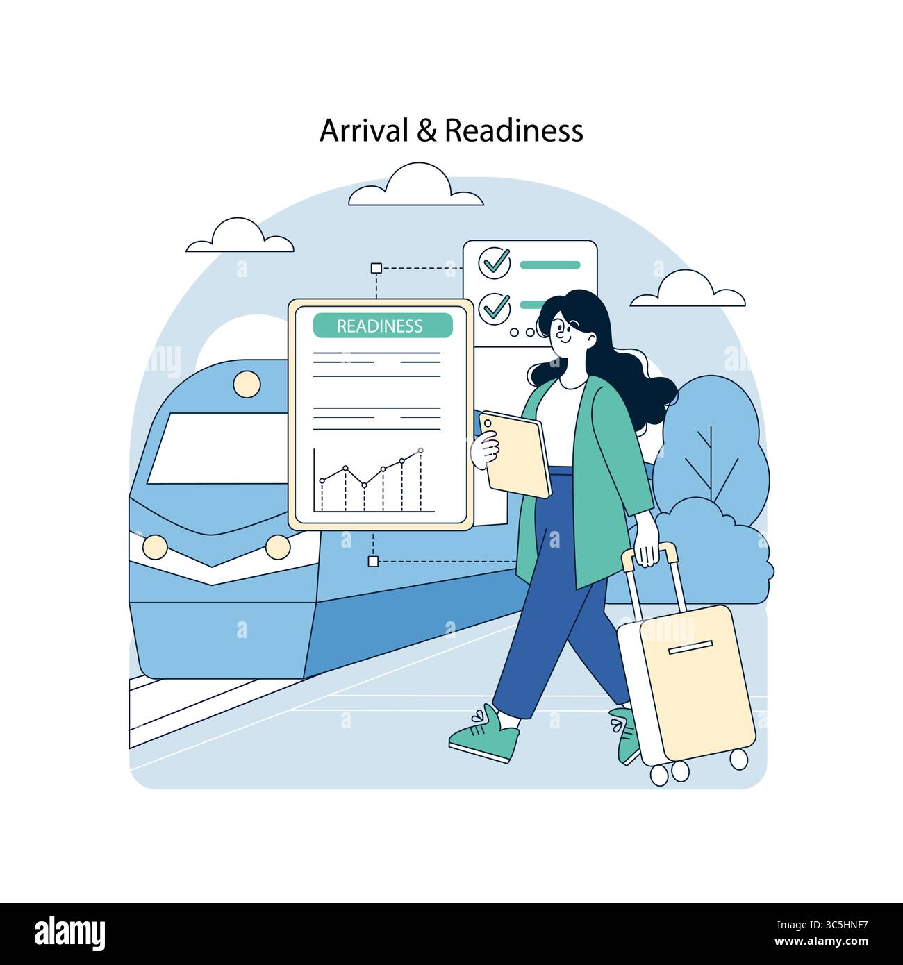 Illustration vectorielle d'une femme arrivant à une gare, transportant des bagages. Elle tient un presse-papiers avec une liste de contrôle de préparation, montrant son état de préparation et son organisation. Illustration de Vecteur