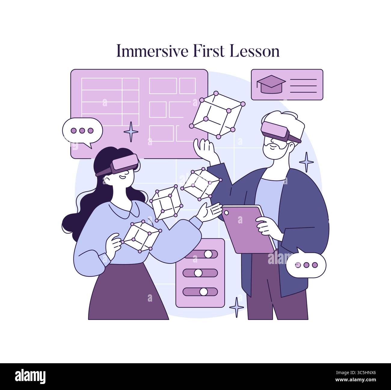 Illustration vectorielle d'un homme et d'une femme engagés dans une session éducative utilisant des casques de réalité virtuelle. Ils interagissent avec des modèles holographiques 3D, suggérant une approche moderne de l’apprentissage. Illustration de Vecteur