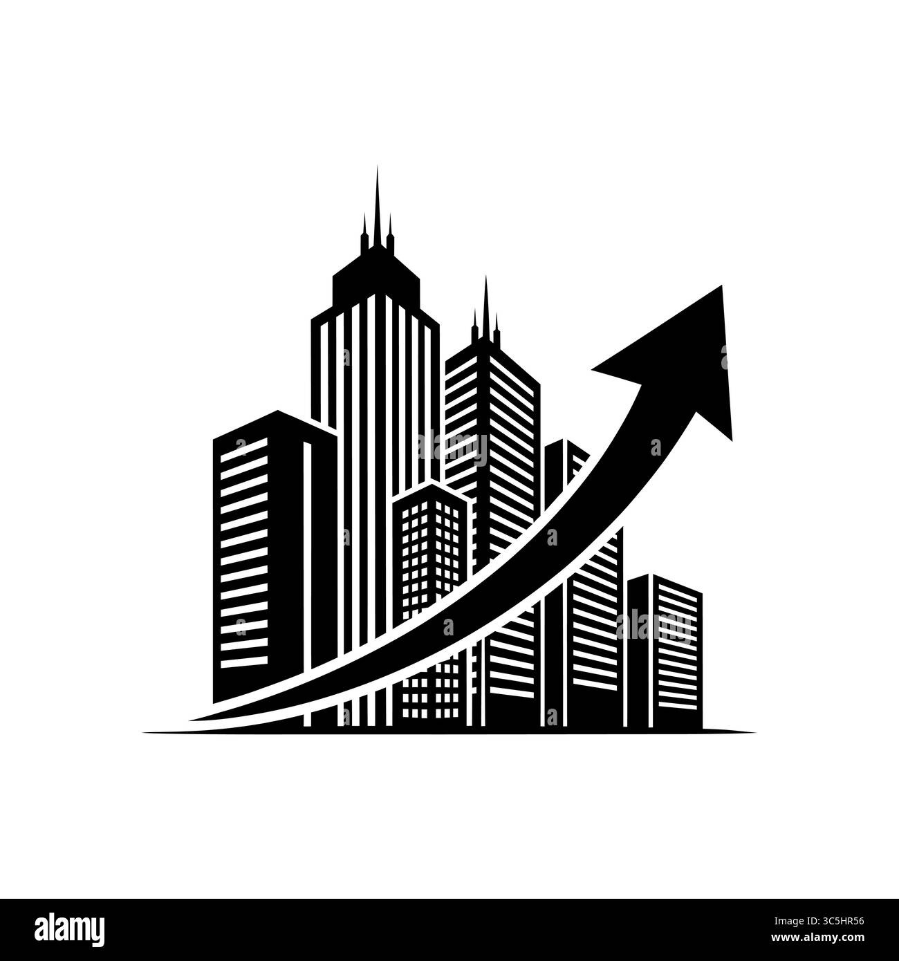 Paysage urbain avec des gratte-ciel et une flèche montante. Concept de croissance du marché immobilier. Illustration vectorielle. Illustration de Vecteur