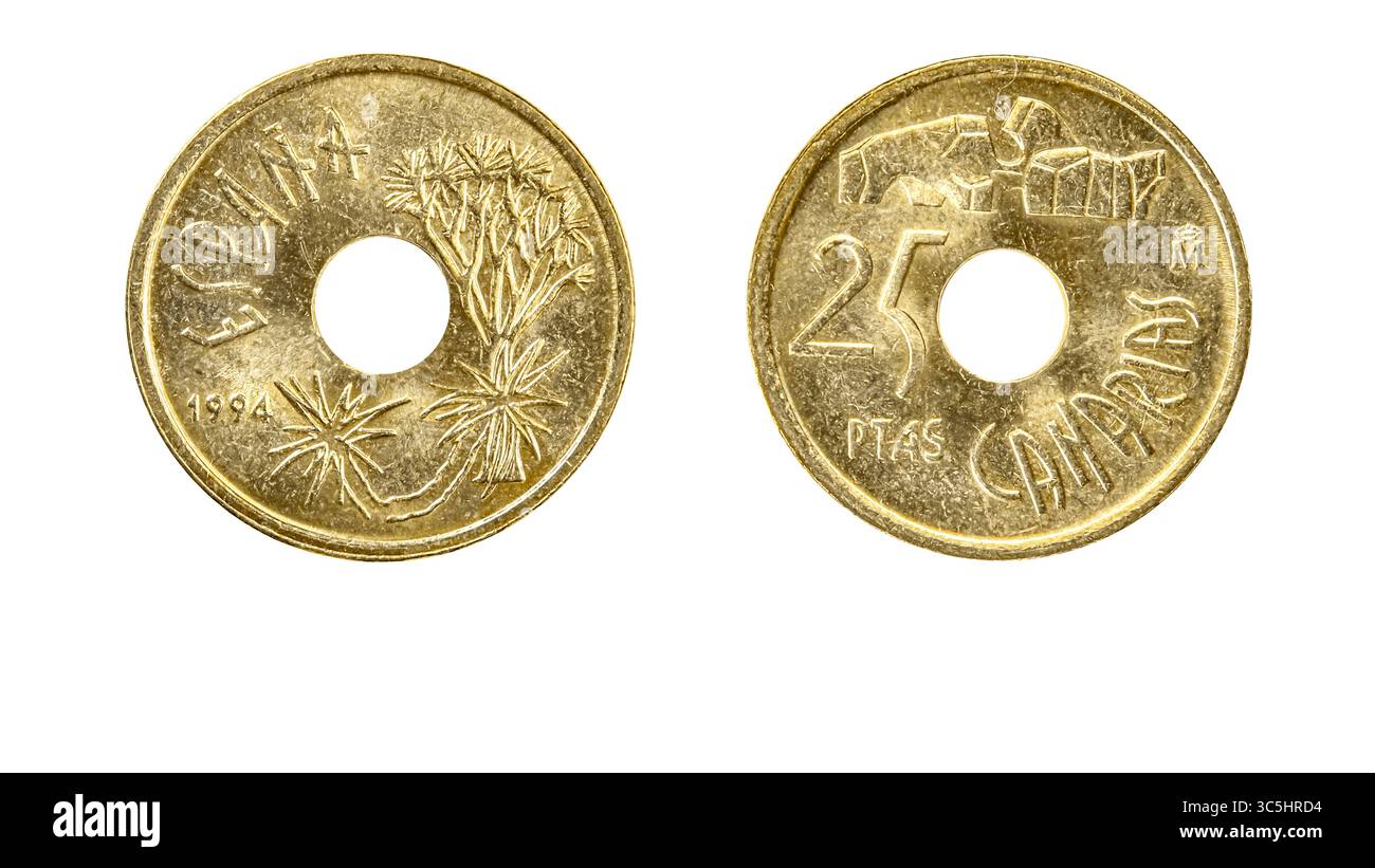 Authentique espagnol 25 pesetas année de pièce 1994 vers l'arrière côté sur fond blanc, macro gros plan Banque D'Images