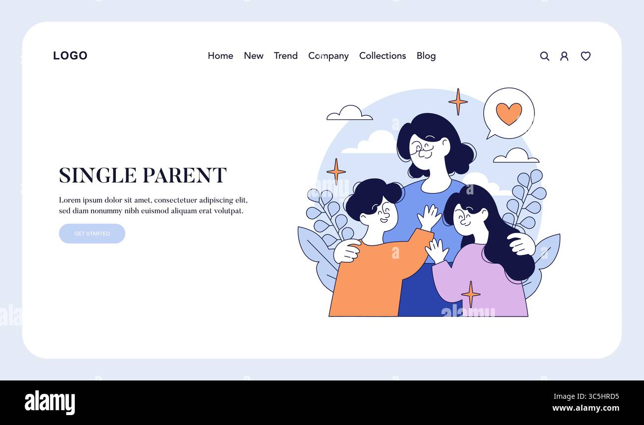 Illustration d'un parent célibataire joyeux avec deux enfants, souriant et s'embrassant. Arrière-plan présente des coeurs et des plantes. Parfait pour la famille et les thèmes parentaux. Illustration de Vecteur