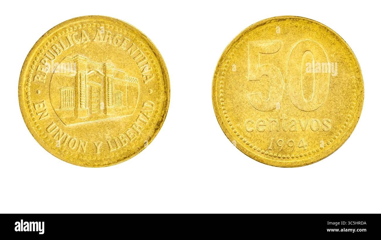 Argentine coin 50 centavos année 1994 contre et revers côté sur fond blanc, macro gros plan Banque D'Images