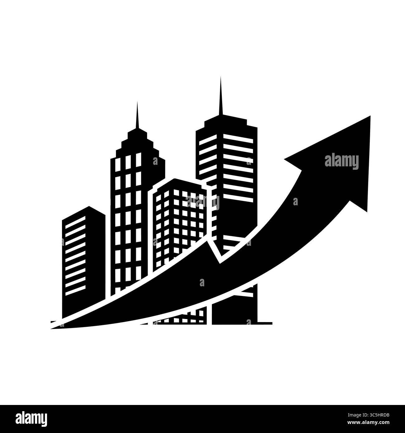 Paysage urbain avec des gratte-ciel et une flèche montante. Concept de croissance du marché immobilier. Illustration vectorielle. Illustration de Vecteur